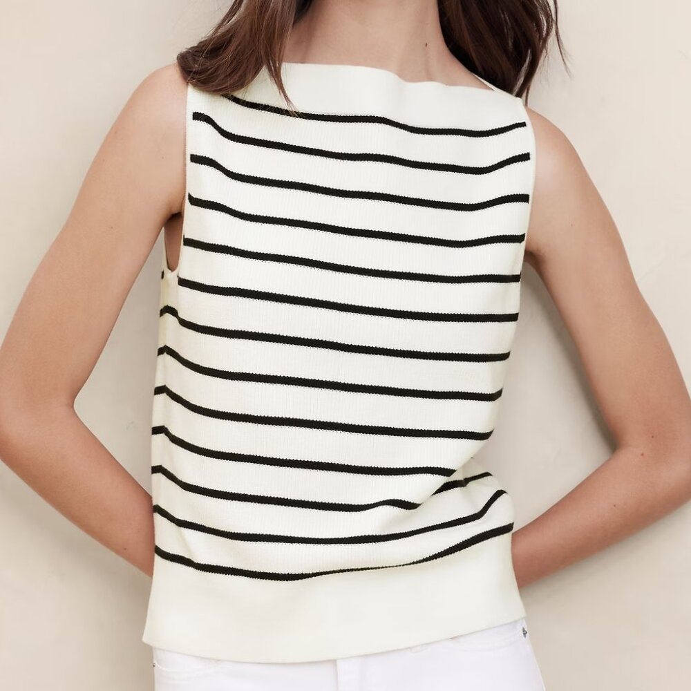 Striped Boat-Neck Sweater Tank in White & Black